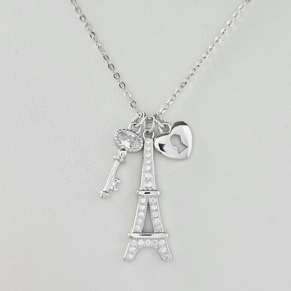 Paris Eiffel Tower Love Lock and Key Necklace, 925 Sterling Silver - Picture 7 of 9